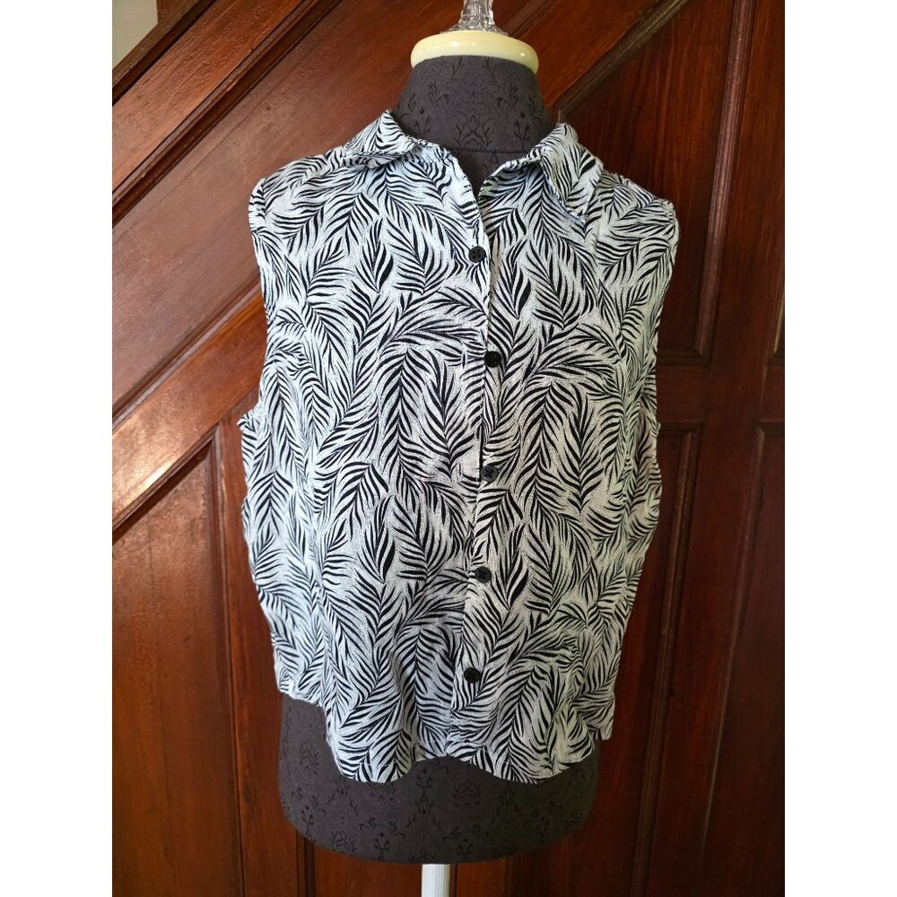Tahari Womens Sleeveless Leaf Print Button-Up Linen Blouse L